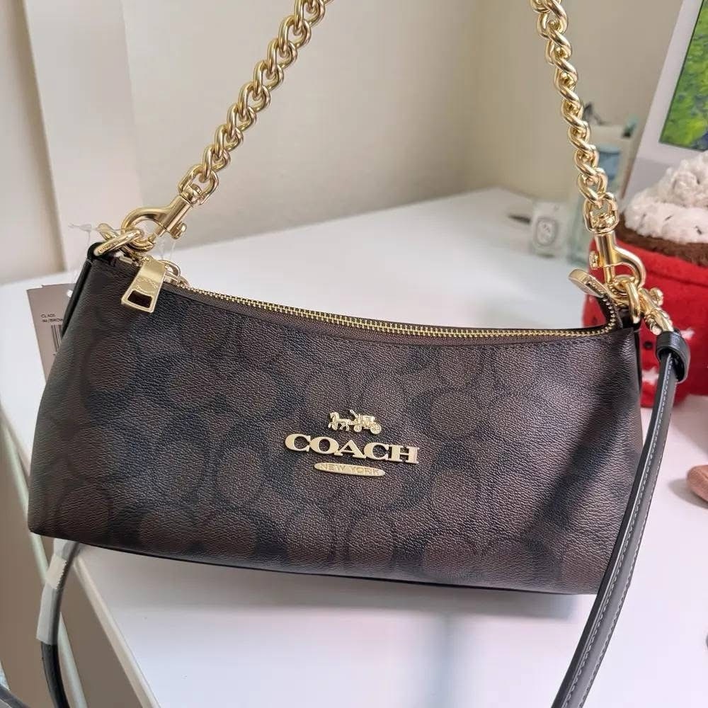 Coach Signature Brown Shoulder Bag with Gold Chain - Picture 2 of 8